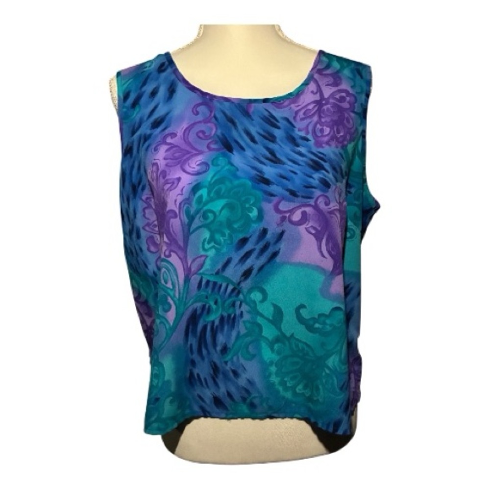 Vintage Modern Essential Blue/Purple/Green Abstract Floral Sleeveless Shell Top